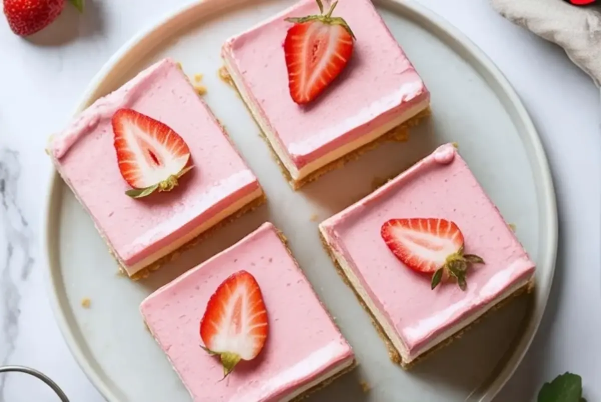 Small-batch strawberry mousse cheesecake bars shown in a 2 to 3 hero image with four finished pink cheesecake bars topped with halved strawberries on a round plate.
