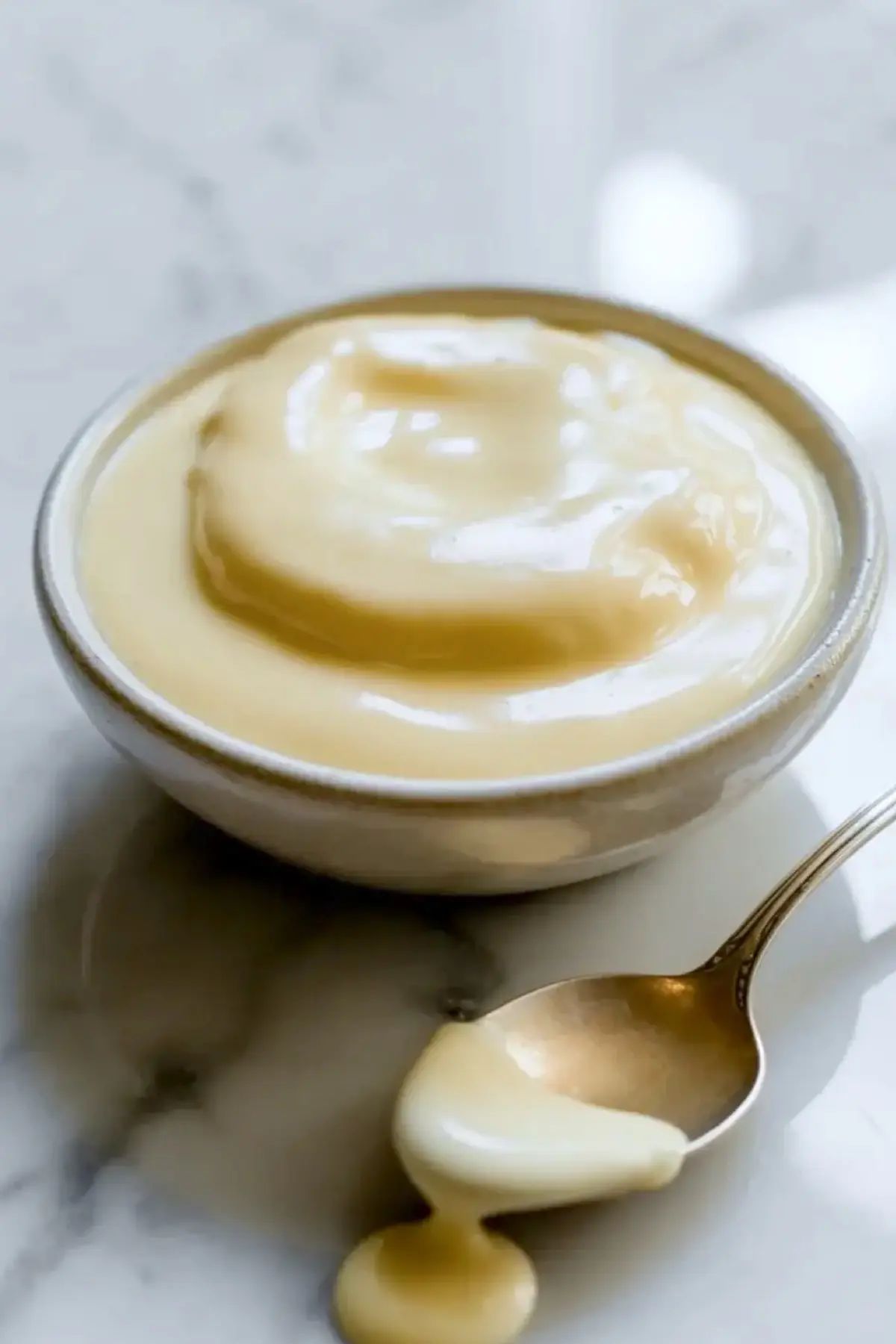 Buttery dough for strawberry pie bars in a glass bowl on a white marble surface with a wooden spoon nearby.