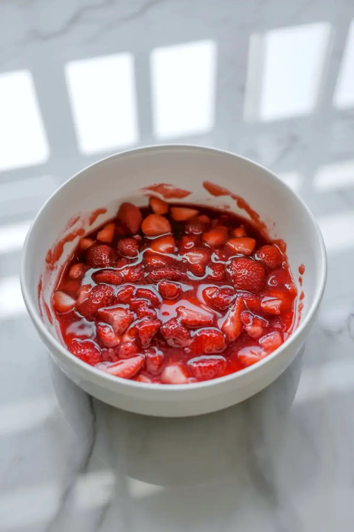 Cream cheese glaze for strawberry pie bars in a small white bowl on a marble surface with a spoon beside it.