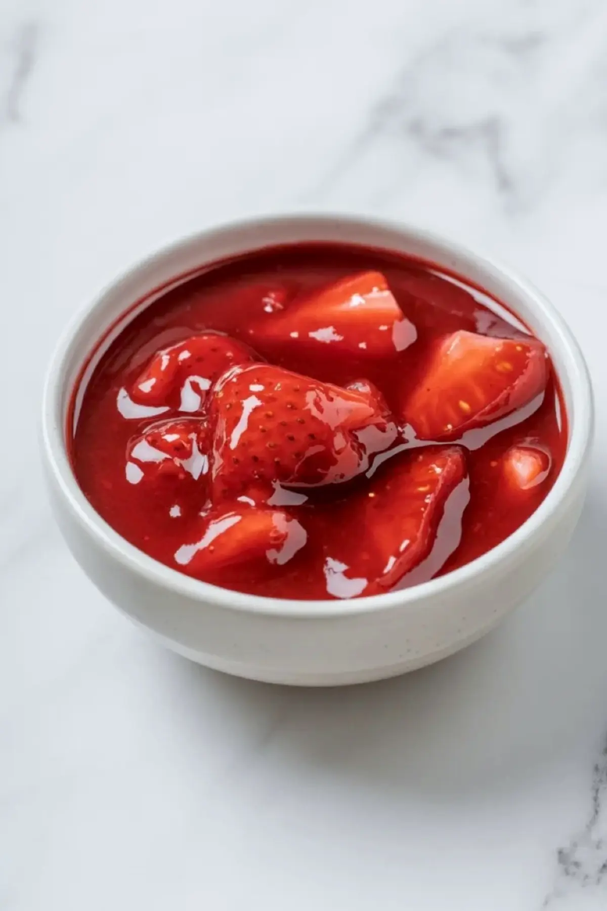 Homemade strawberry topping in a bowl with glossy strawberry pieces for strawberry cheesecake cups.