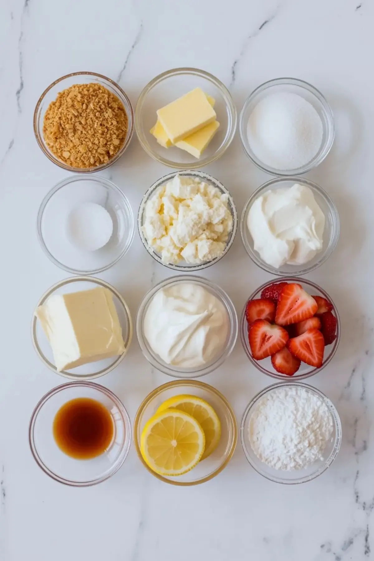 Ingredients for strawberry ricotta cheesecake cups arranged on white marble with graham crumbs, butter, sugar, ricotta, cream cheese, whipped cream, strawberries, lemon, vanilla, and powdered sugar.