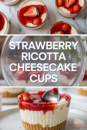 Finished strawberry ricotta cheesecake cups with creamy filling, graham crumb base, and glossy strawberry topping in clear dessert cups.
