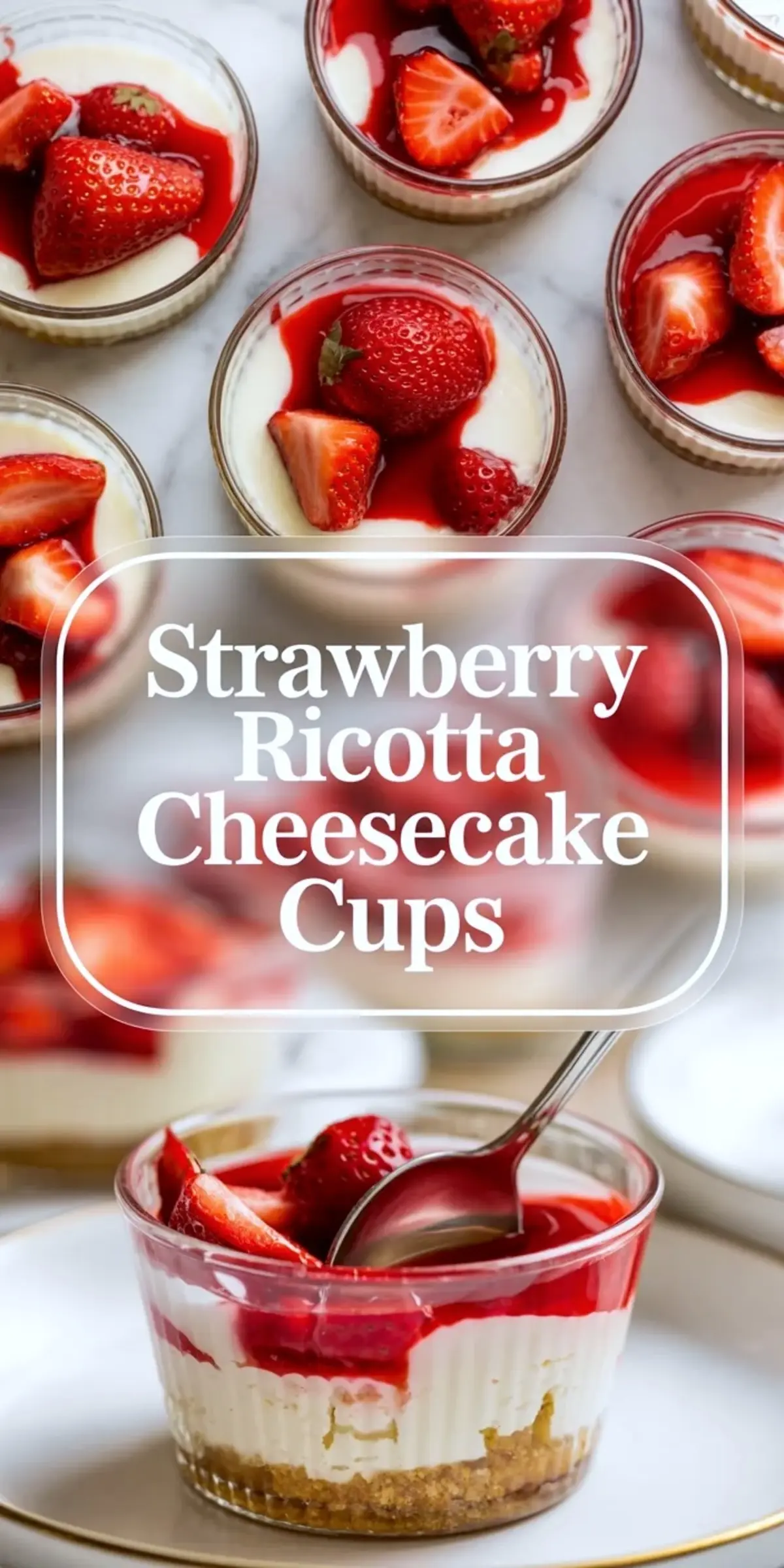 Strawberry ricotta cheesecake cups shown in a tall text overlay collage with finished dessert cups above and a close spooned cup below.