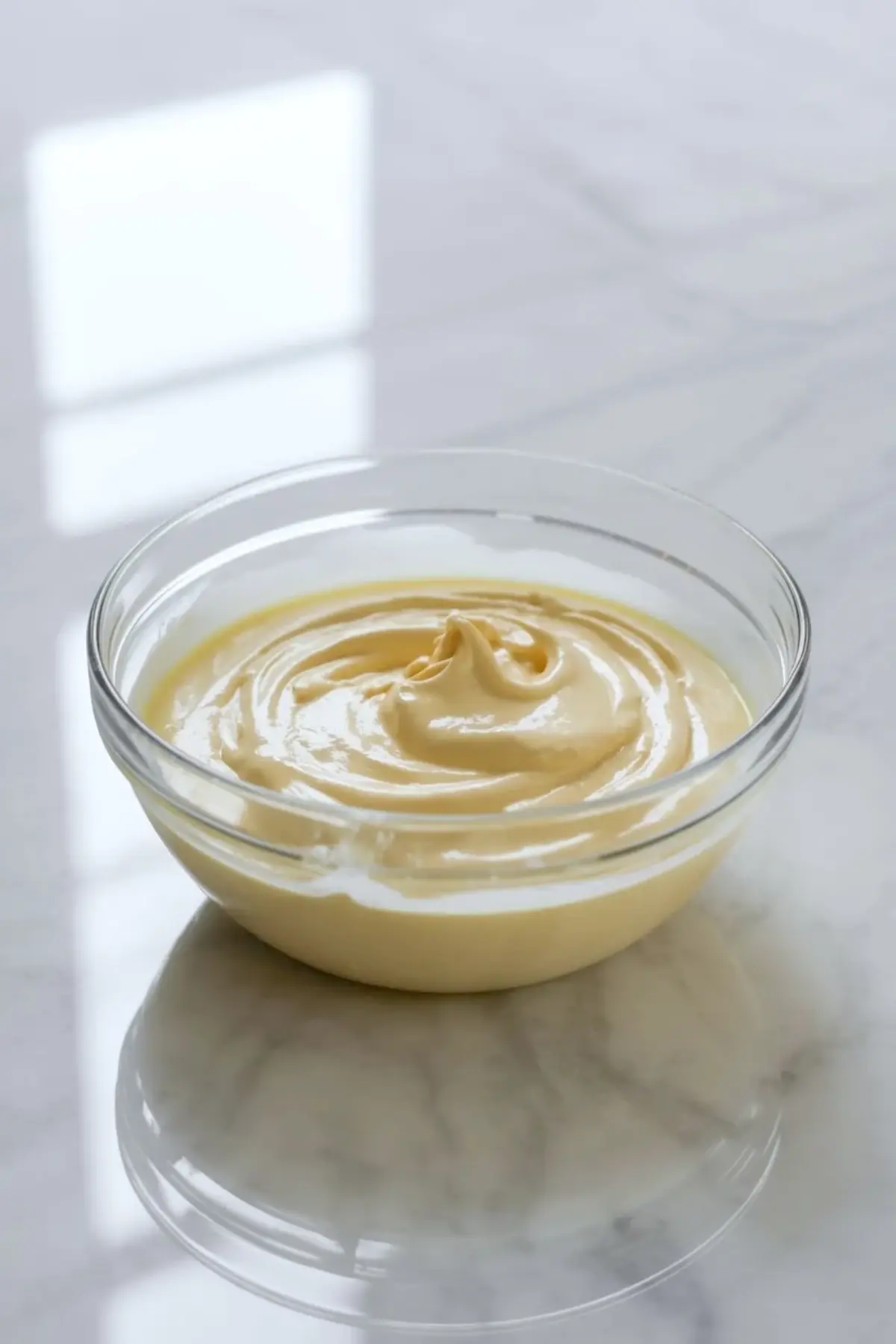 Smooth vanilla pudding mixture sits in a glass bowl before strawberries, marshmallows, and cake pieces are folded into the fluff salad.