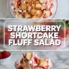 Featured image for strawberry shortcake fluff salad showing the finished pink dessert from above and a spoon lifting a creamy strawberry shortcake bite from a glass bowl.