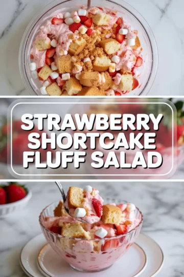 Featured image for strawberry shortcake fluff salad showing the finished pink dessert from above and a spoon lifting a creamy strawberry shortcake bite from a glass bowl.