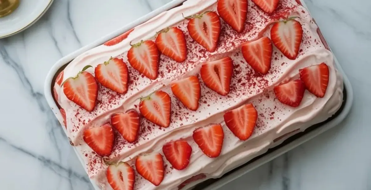 Wide top view of finished strawberry tiramisu in a baking dish topped with halved strawberries.