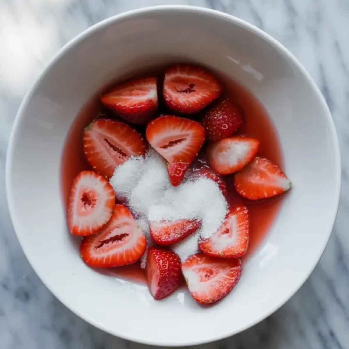 Fresh strawberries with sugar and juices in a bowl for strawberry tiramisu on a white marble surface.