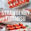 Strawberry tiramisu shown in a 2 to 3 hero image with the full chilled dessert above and one plated slice below.