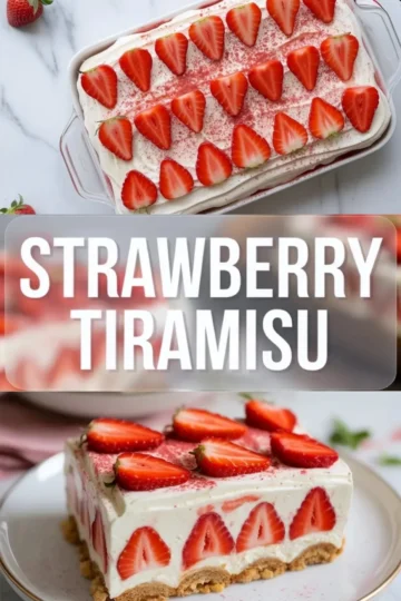 Strawberry tiramisu shown in a 2 to 3 hero image with the full chilled dessert above and one plated slice below.