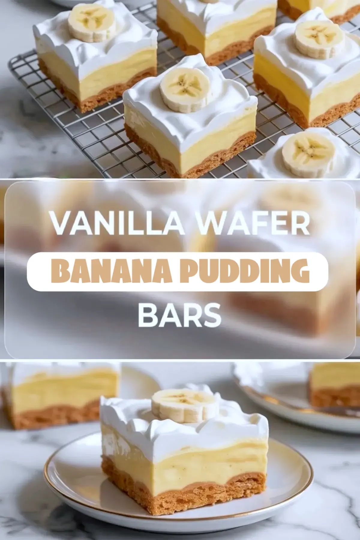 Tall collage of vanilla wafer banana pudding bars showing several finished bars above and one plated bar below with the recipe title in the center.