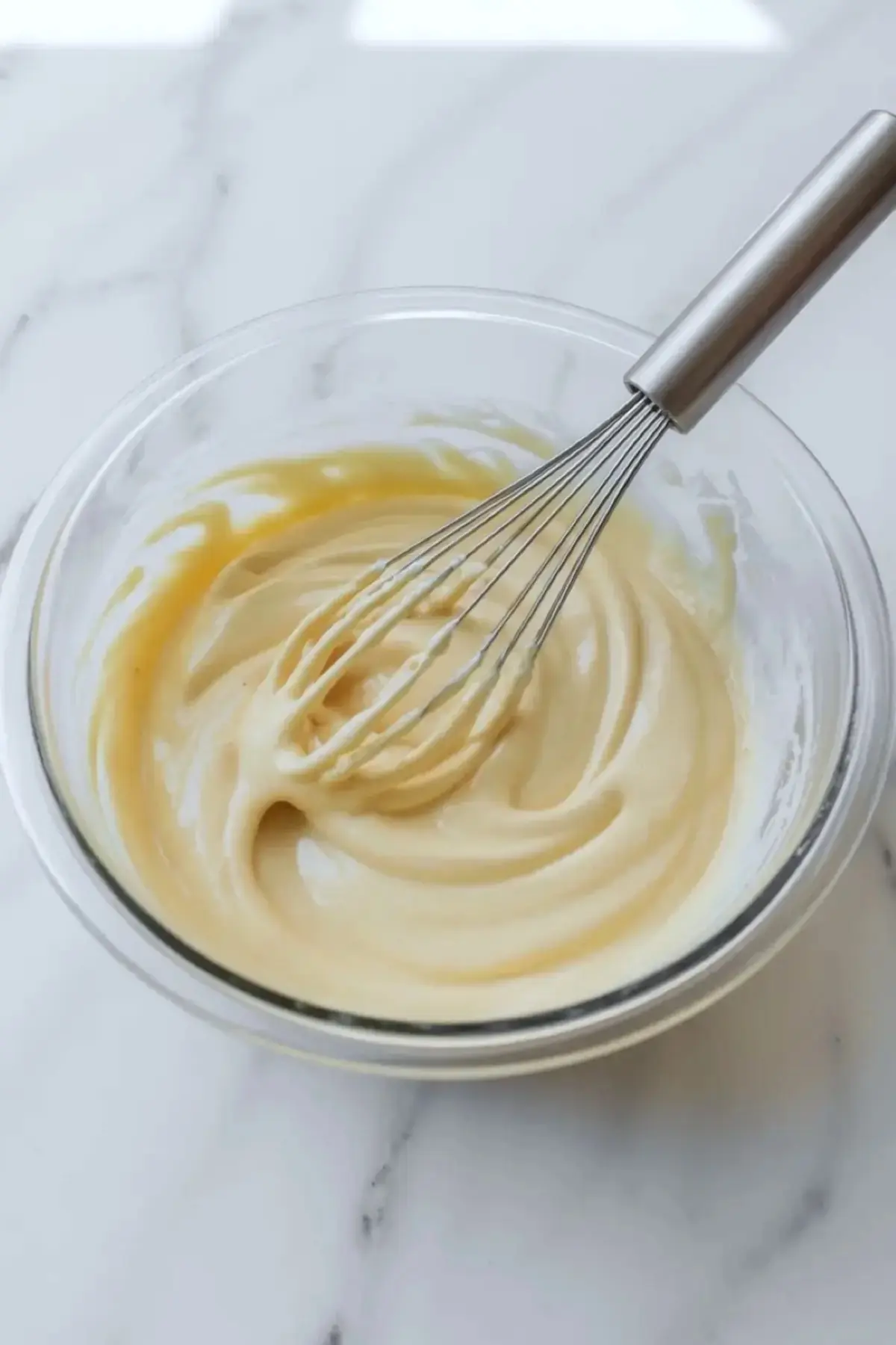 Smooth banana pudding filling for vanilla wafer banana pudding bars in a white bowl on a marble surface with bananas nearby.