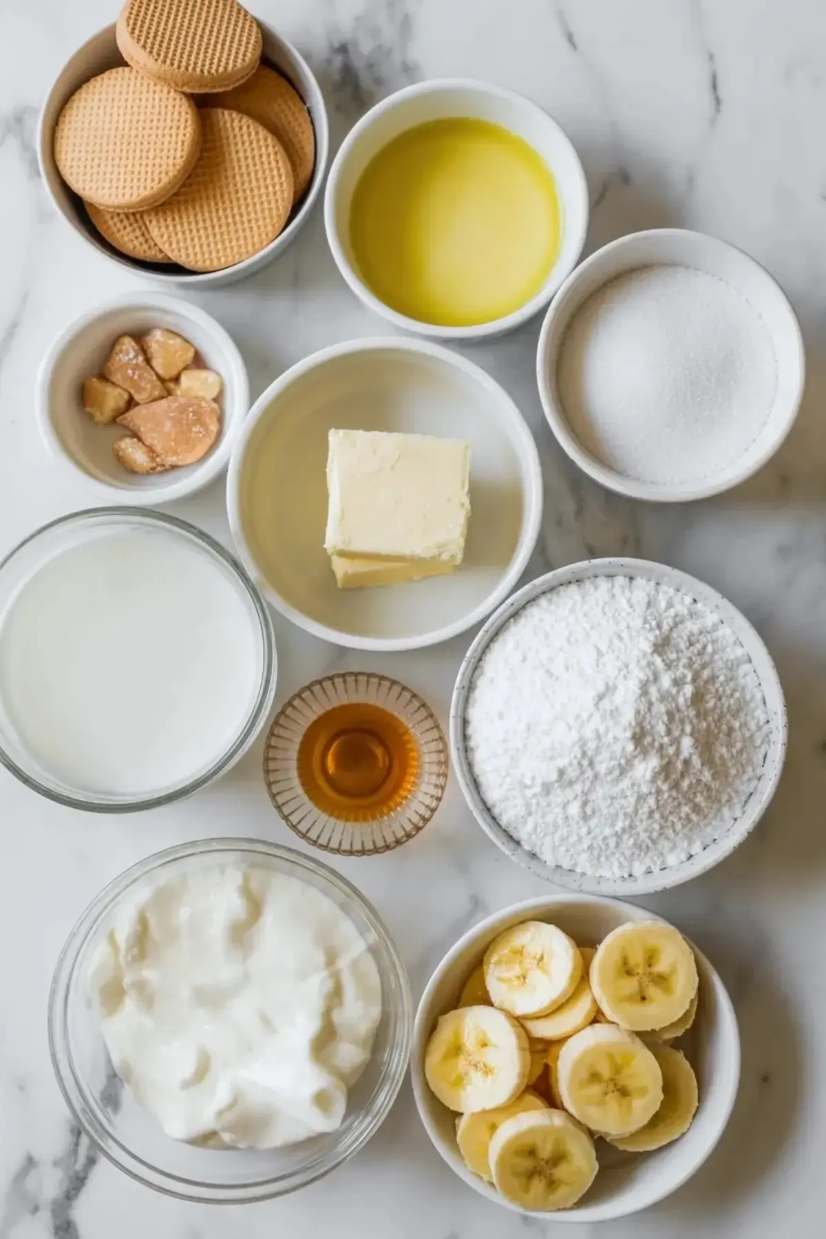 Vanilla wafer crumb crust mixture for banana pudding bars in a glass bowl on a white marble surface with melted butter nearby.