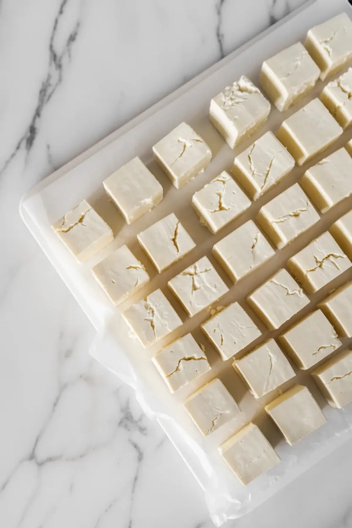 Feta cubes arranged on parchment for watermelon feta mint skewers, showing the evenly cut cheese pieces before assembly.