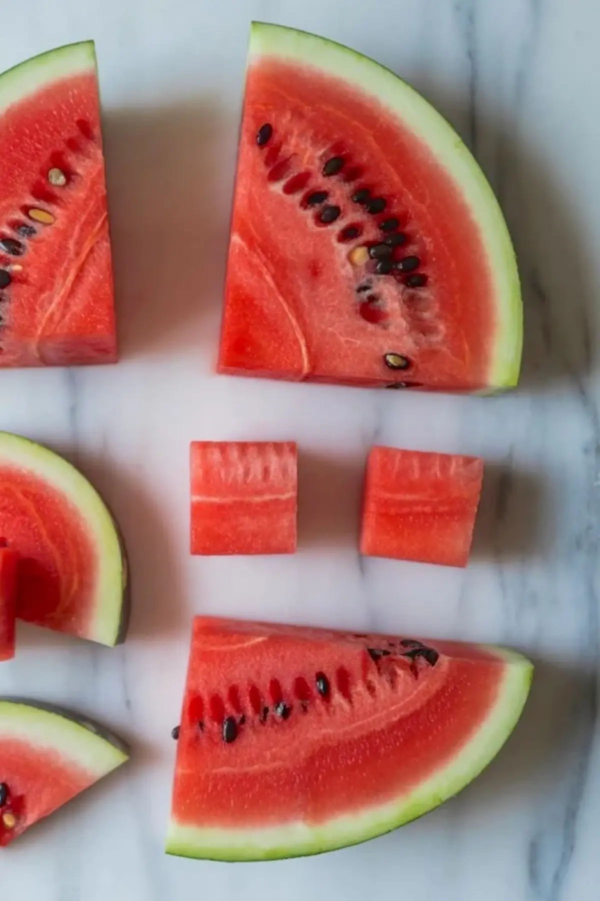 Watermelon wedges and cut watermelon cubes on white marble for watermelon feta mint skewers preparation.