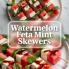 Watermelon feta mint skewers shown in a 2 to 3 hero image with finished skewers arranged on a plate with balsamic glaze and fresh mint.