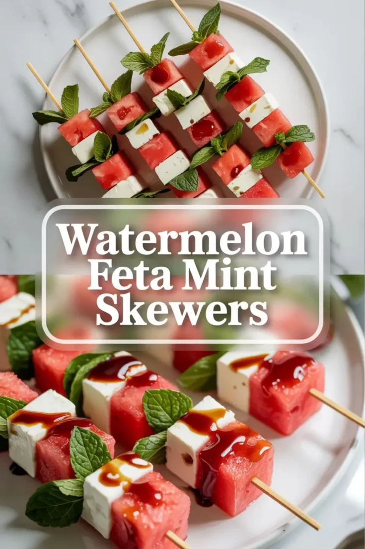 Watermelon feta mint skewers shown in a 2 to 3 hero image with finished skewers arranged on a plate with balsamic glaze and fresh mint.