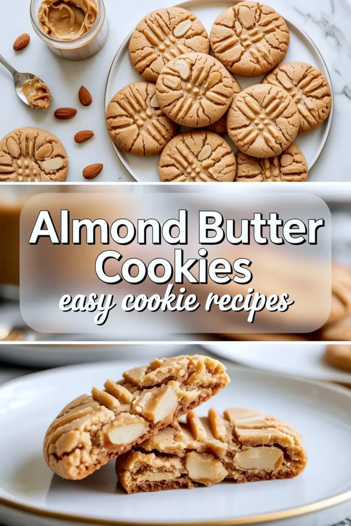 Plate of almond butter cookies with one cookie broken open beside an almond butter jar, highlighting the soft crumb and nutty cookie center.
