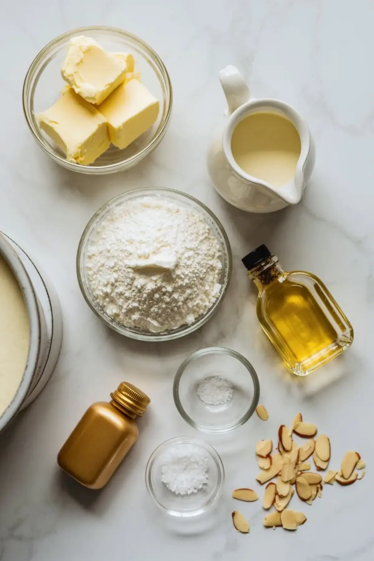 Ingredients for almond buttercream frosting arranged overhead with butter, powdered sugar, cream, extracts, salt, and sliced almonds.