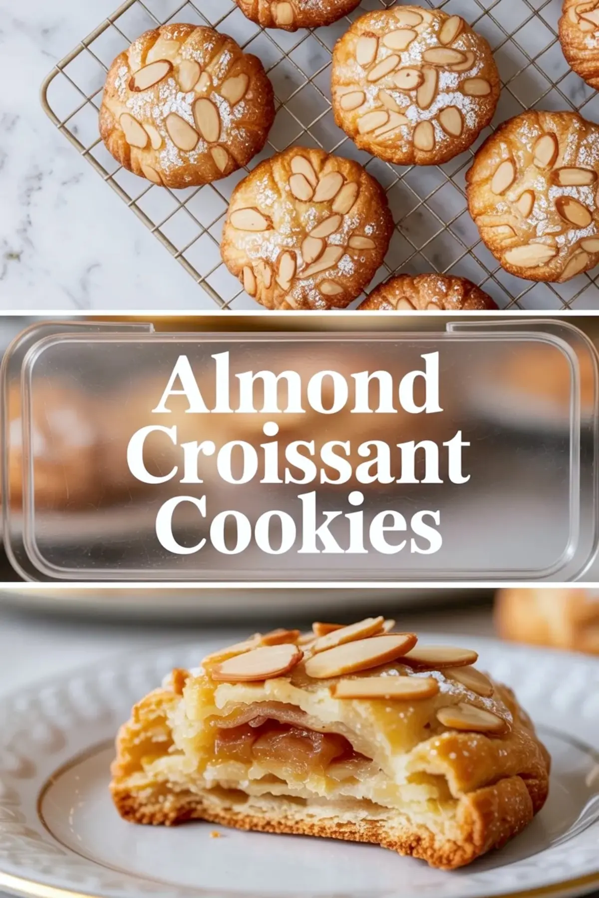 Almond croissant cookies in a tall collage style image with golden almond topped cookies on a rack and a cut cookie showing flaky layers and caramel filling.