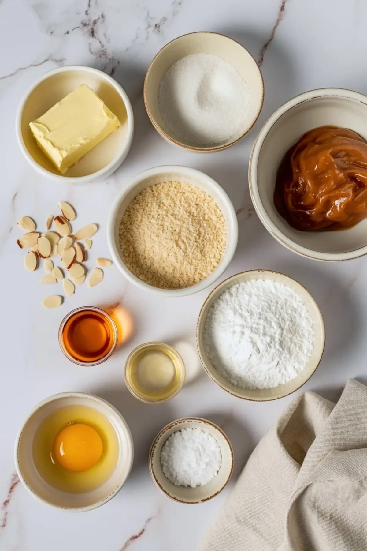 Overhead almond croissant cookies ingredient setup with butter, sugar, almond flour, dulce de leche, powdered sugar, egg, sliced almonds, and extracts on white marble.
