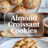 Almond croissant cookies shown in a tall recipe hero image with powdered sugar tops, sliced almonds, and a cut cookie revealing the gooey dulce de leche center.
