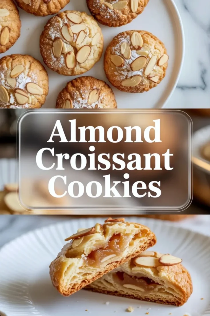 Almond croissant cookies shown in a tall recipe hero image with powdered sugar tops, sliced almonds, and a cut cookie revealing the gooey dulce de leche center.