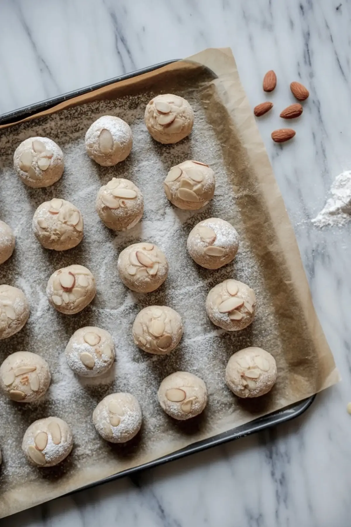 Freshly baked almond paste cookies dusted with powdered sugar and topped with sliced almonds on a parchment lined baking tray.