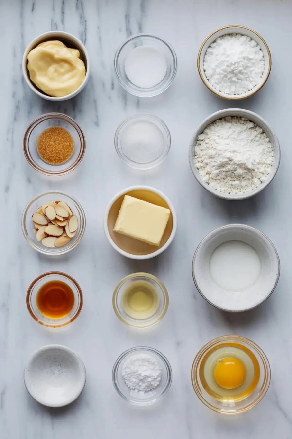 Overhead almond paste cookies ingredient setup with almond paste, flour, sugars, butter, extracts, sliced almonds, baking powder, salt, and egg arranged in small bowls on white marble.