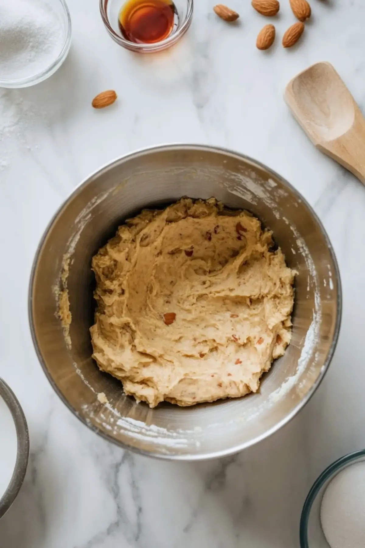 Thick almond paste cookie dough in a mixing bowl with sugar, almonds, and vanilla nearby, showing the soft sturdy texture before shaping.