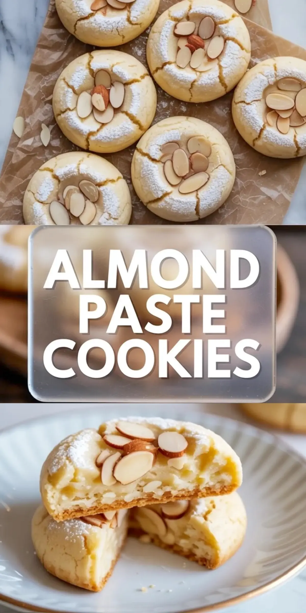Tall almond paste cookies collage with crackled almond topped cookies and a plated split cookie, finished with recipe title text.