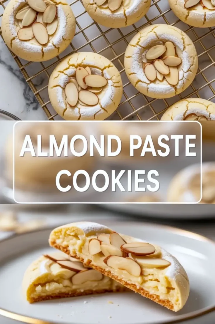 Almond paste cookies with powdered sugar tops and sliced almonds, shown on a cooling rack above a plated split cookie in a tall recipe hero image with text overlay.