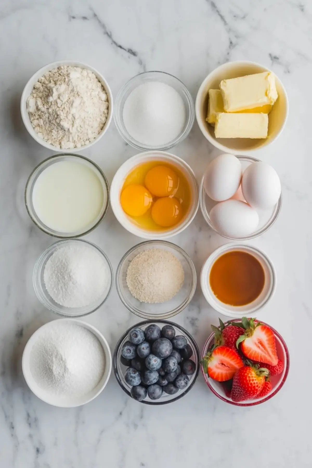 Ingredients for American flag cake are arranged on the counter with flour, sugar, butter, eggs, milk, strawberries, and blueberries.