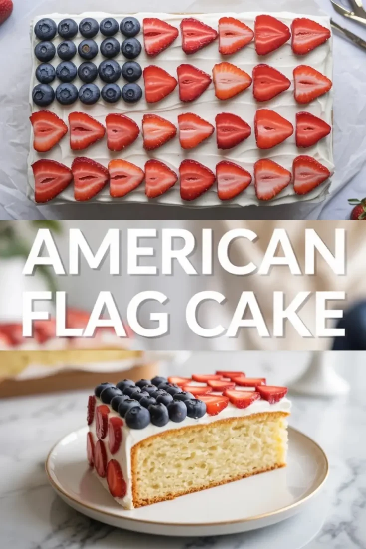 American flag cake is shown finished with blueberries and strawberry stripes in a patriotic dessert collage with title overlay.