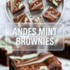 Andes mint brownies topped with glossy chocolate and pale green mint swirls, shown in a tall recipe hero image with brownie squares above and a sliced brownie below.