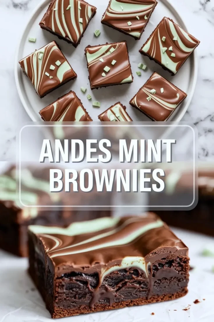 Andes mint brownies topped with glossy chocolate and pale green mint swirls, shown in a tall recipe hero image with brownie squares above and a sliced brownie below.