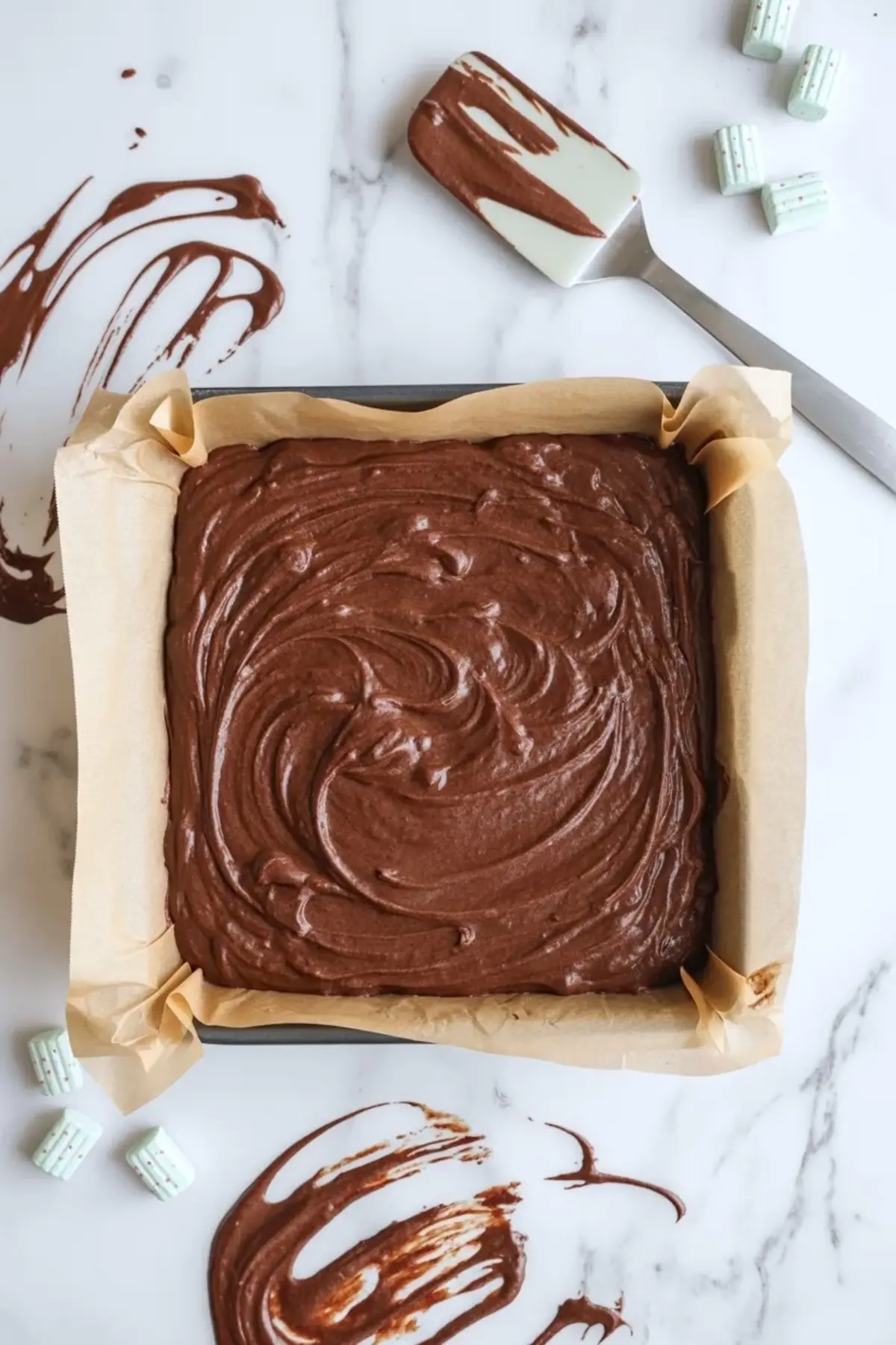Andes mint brownie batter spread in a parchment lined square pan with a spatula nearby, ready to bake before the mint and chocolate layers are added.