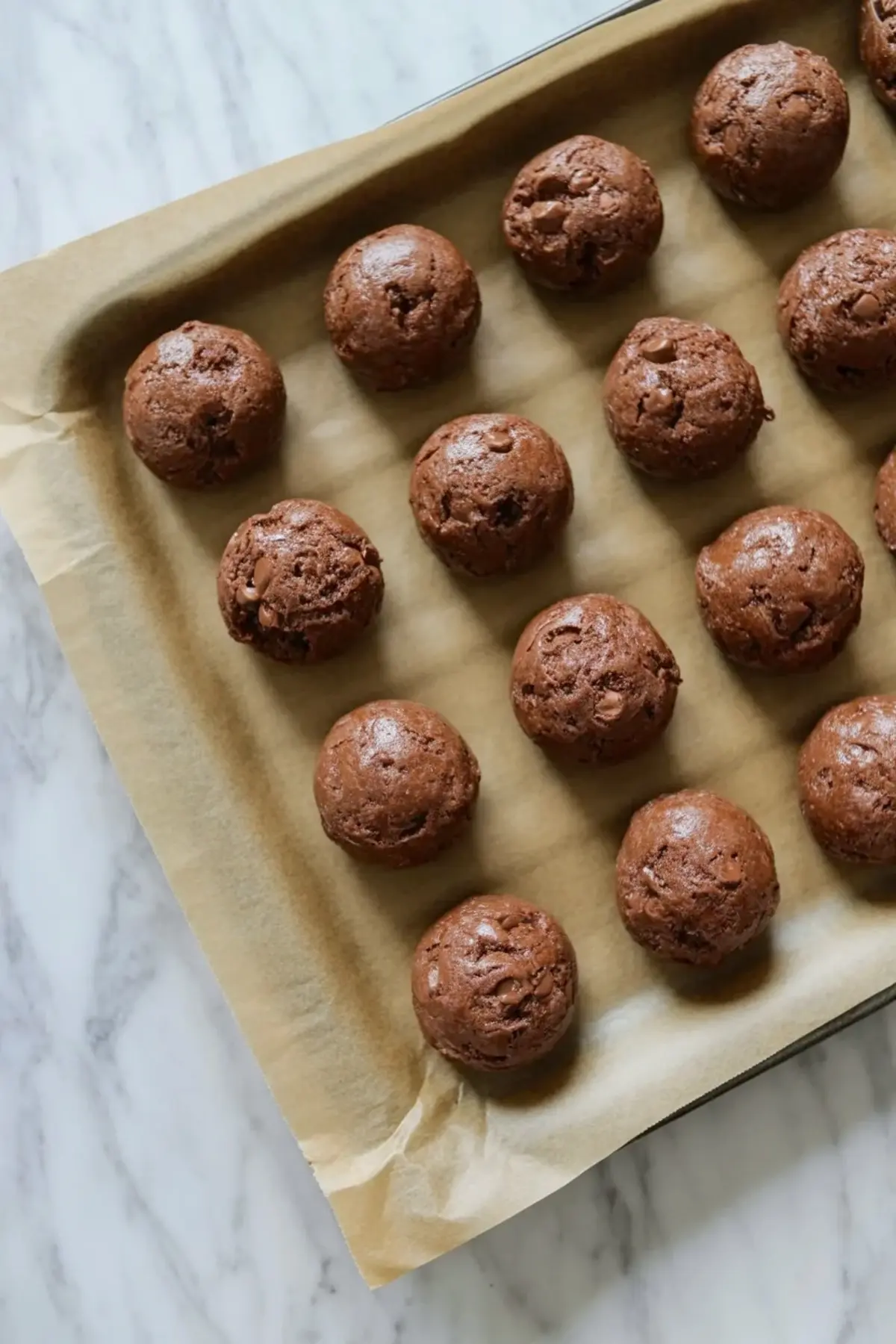 Scooped Andes mint cookies dough balls arranged on a parchment lined baking sheet before baking.