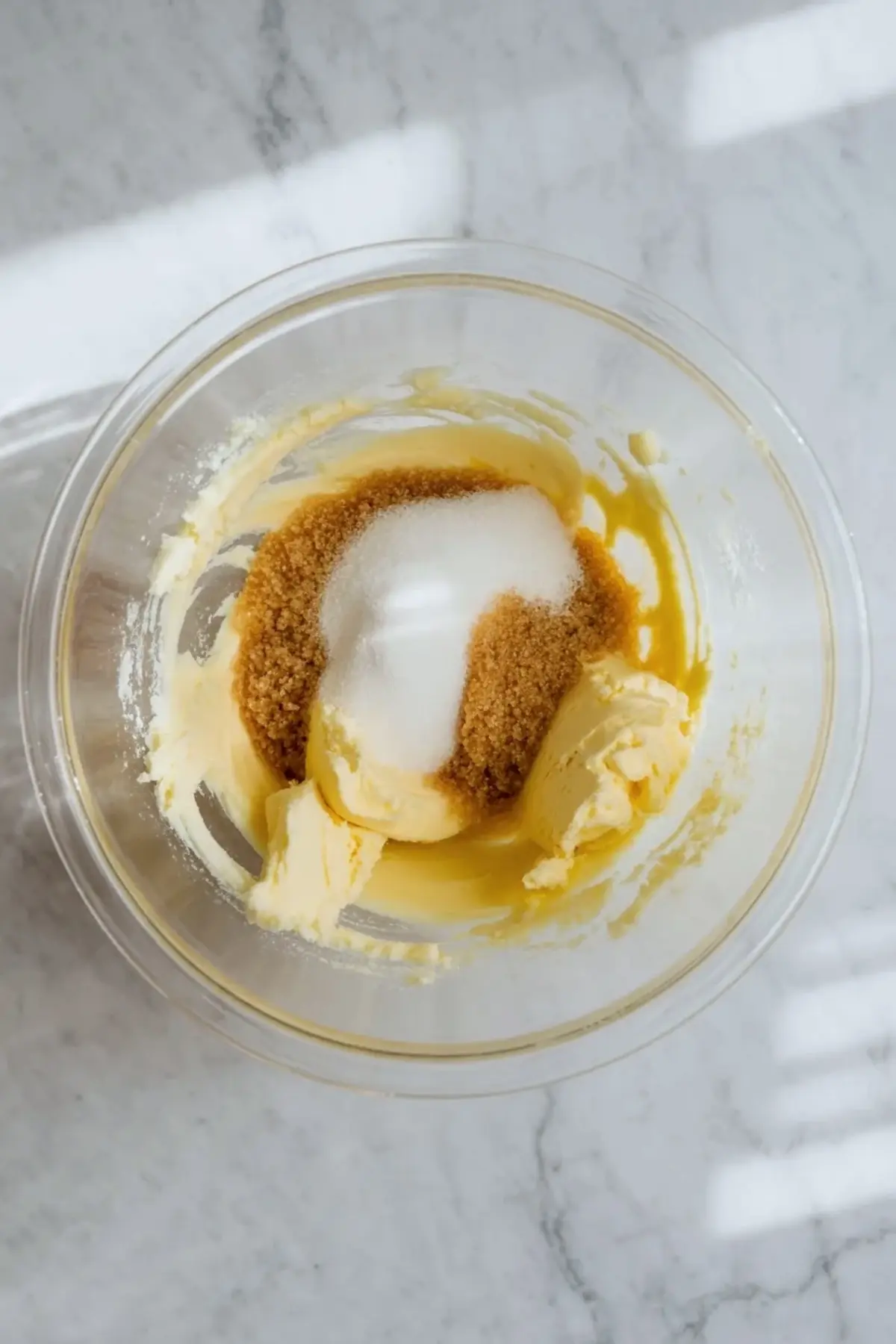 Butter, brown sugar, and granulated sugar in a mixing bowl at the start of the Andes mint cookies dough on a white marble surface.