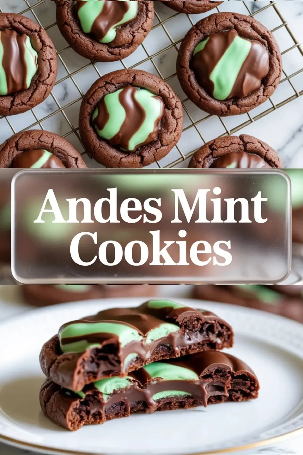 Tall Andes mint cookies collage with cookies on a rack, a title panel, and a stacked broken cookie close up showing the green mint candy layer over the chocolate cookie base.
