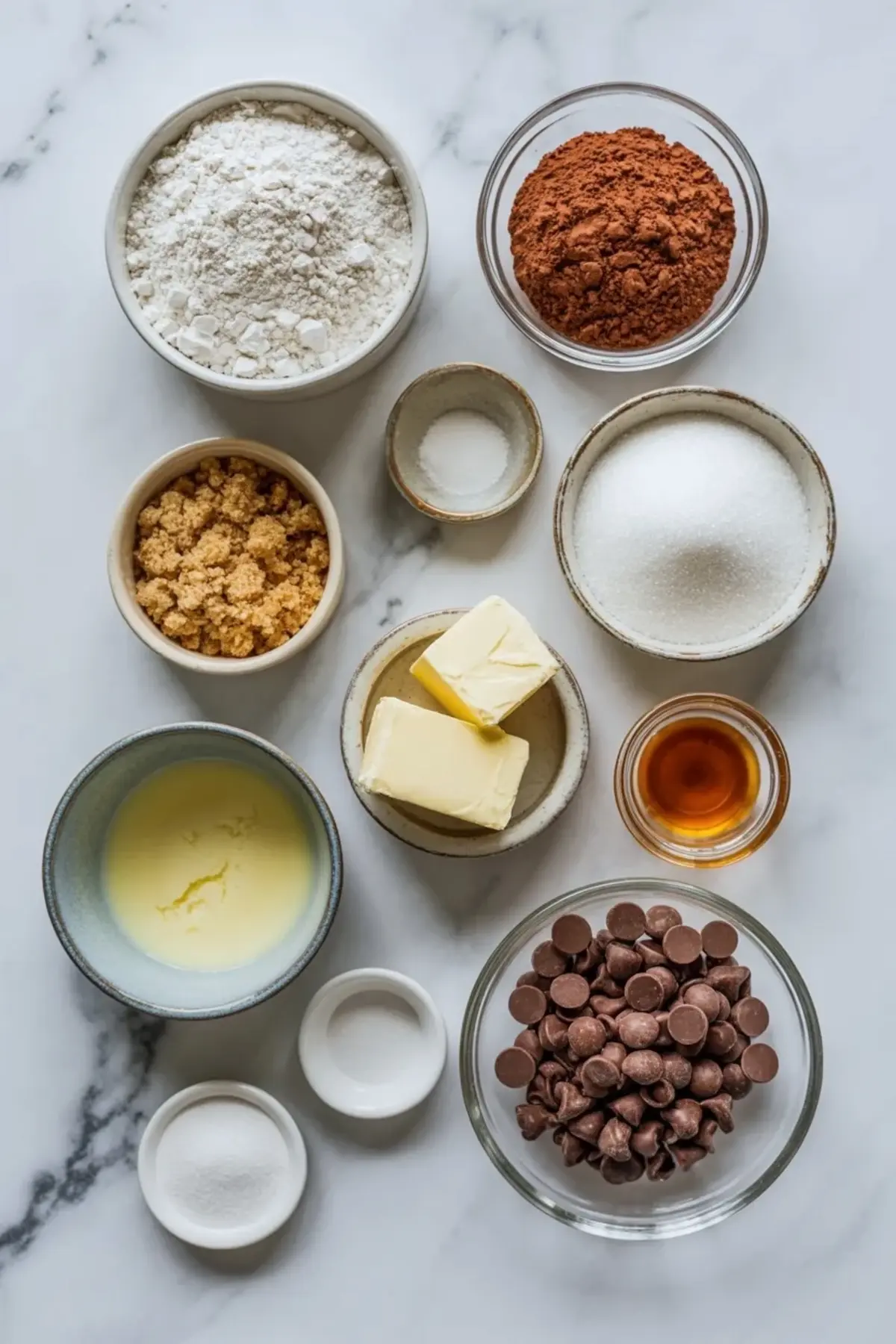 Overhead Andes mint cookies ingredient setup with flour, cocoa powder, brown sugar, granulated sugar, butter, vanilla, egg, salt, baking soda, and chocolate chips on white marble.