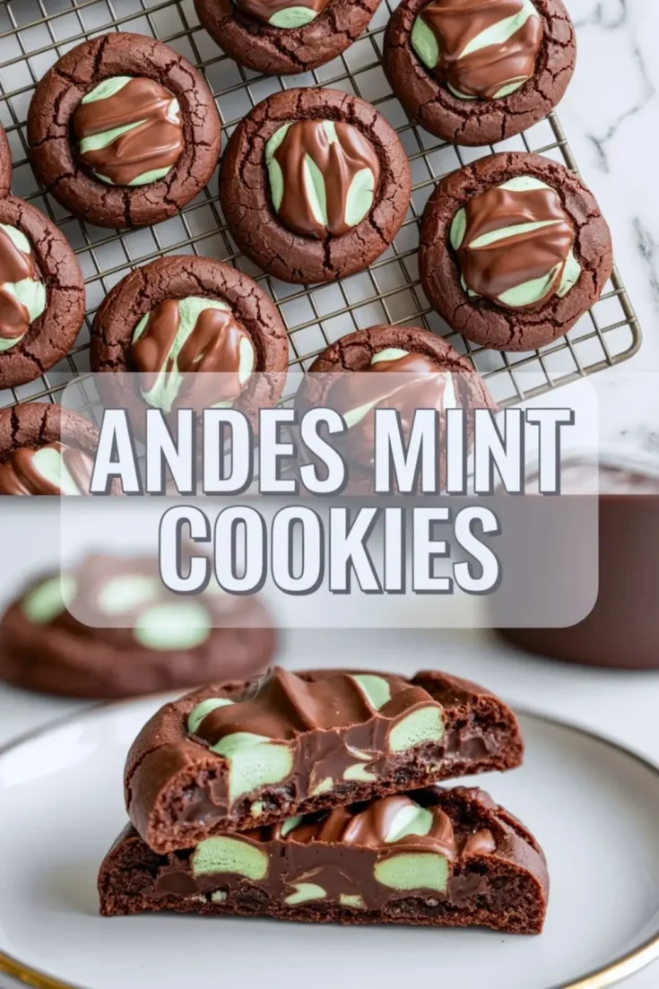 Andes mint cookies on a cooling rack with glossy melted mint chocolate centers and a cut cookie stack showing the soft fudgy middle beneath the topping.