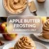Apple butter frosting hero image showing a bowl of spiced frosting, apple butter, and a frosted cupcake with recipe title text.