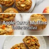 Apple carrot muffins hero image with baked muffins on a plate, title text, and halved muffins showing oats, carrot, and apple pieces.