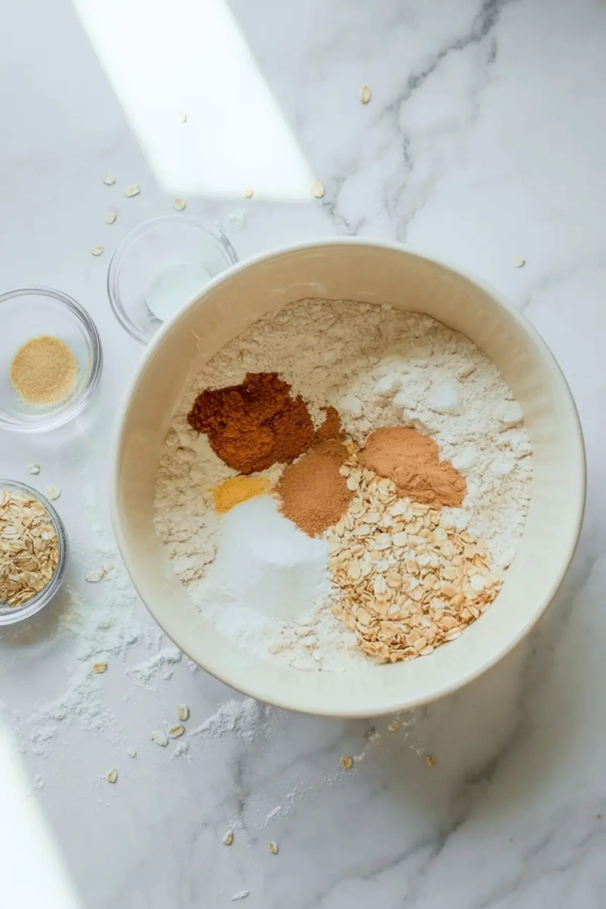 Wet ingredients for apple carrot muffins in a bowl with eggs, milk, sweetener, and vanilla before mixing.