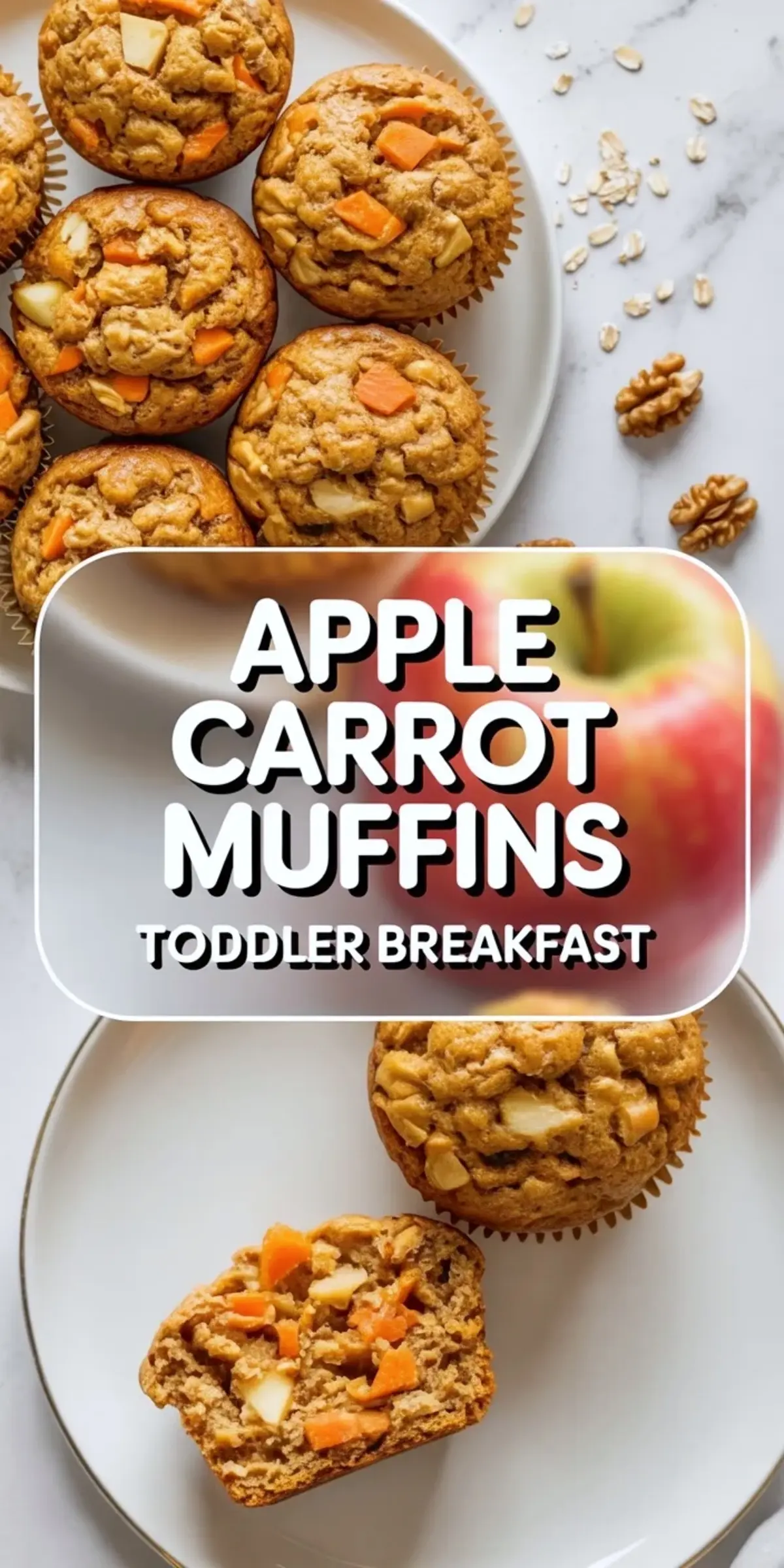 Tall apple carrot muffins collage with plated muffins, title panel, and a halved muffin showing oats, carrot, and apple pieces on a white plate.
