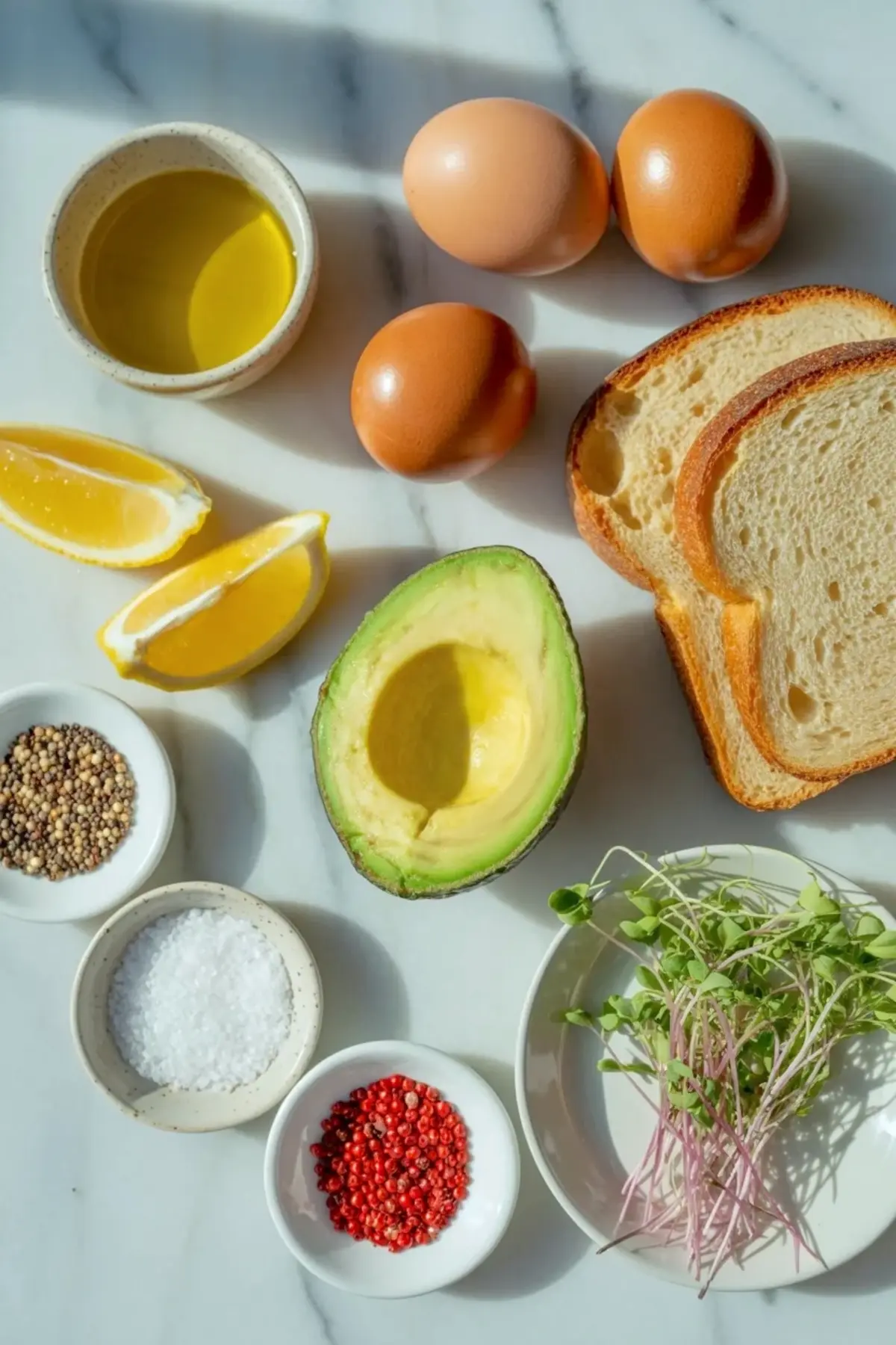 Ingredients for avocado toast with egg arranged overhead with avocado, eggs, bread, lemon, oil, seasoning, and microgreens on a light surface.