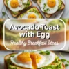 Avocado toast with egg hero image showing multiple avocado toasts with runny eggs and title text on a bright breakfast background.