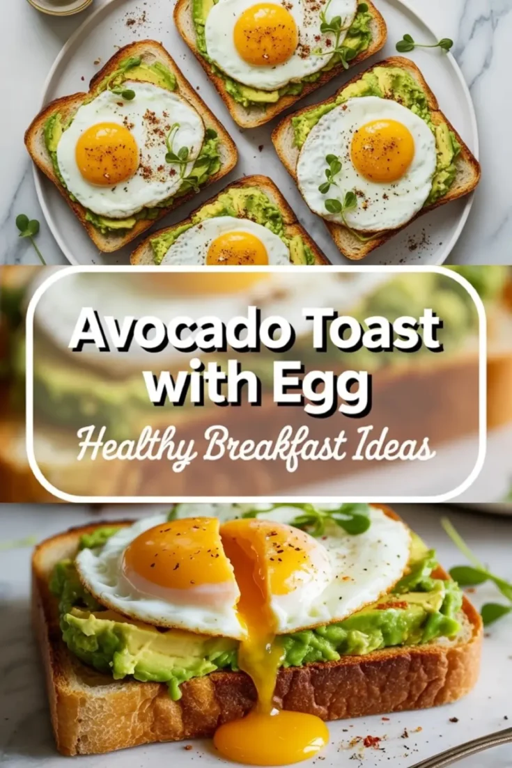 Avocado toast with egg hero image showing multiple avocado toasts with runny eggs and title text on a bright breakfast background.