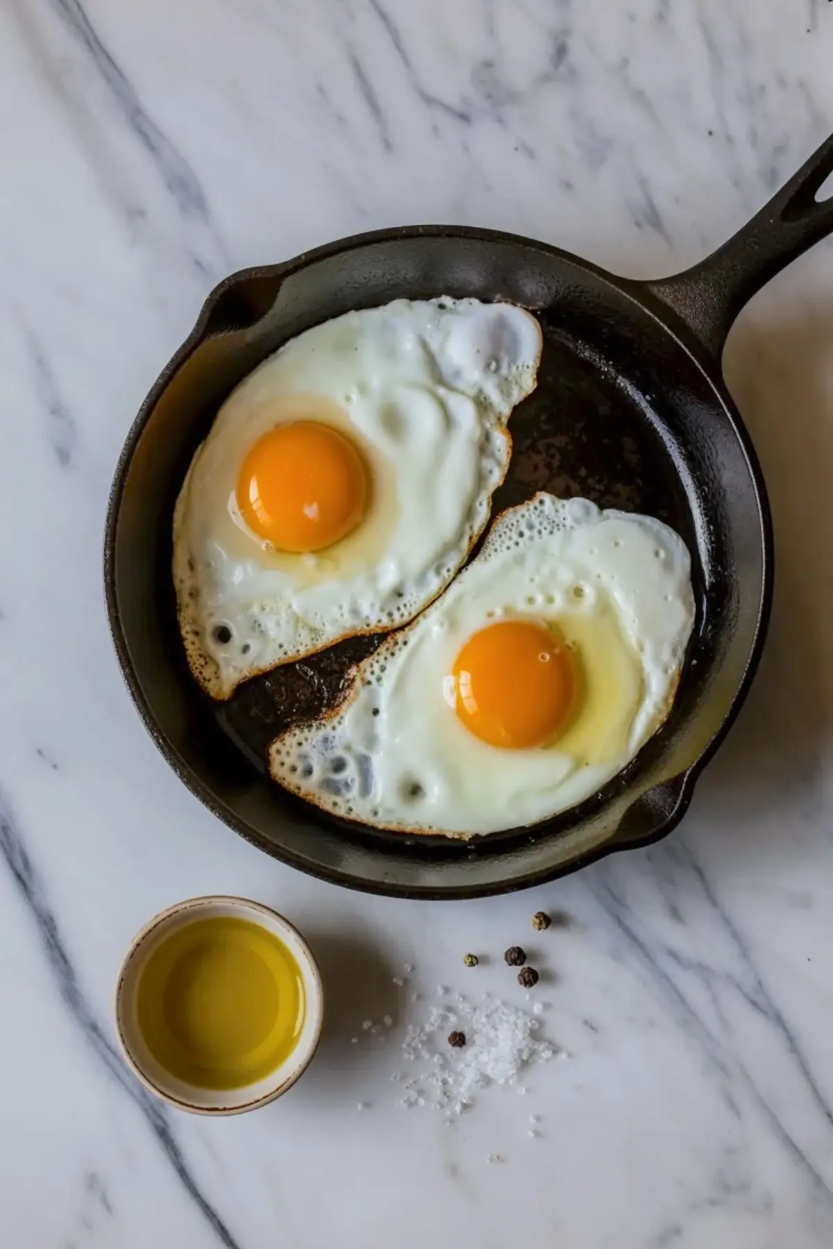 Two eggs frying in a skillet for avocado toast with egg, with oil and seasonings nearby on the counter.